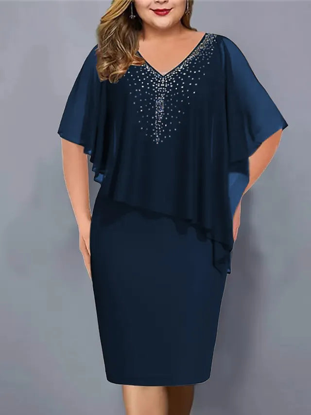 Vestido capa midi para mujer con strass y superposición de gasa
