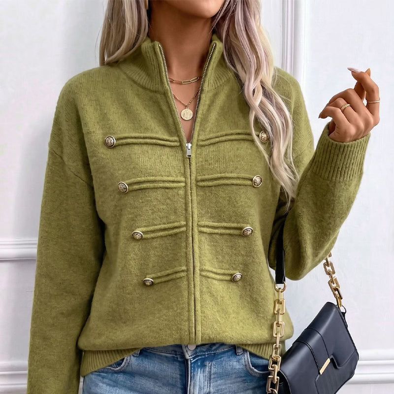 Cárdigan de punto para mujer con cuello alto, cremallera y botones decorativos
