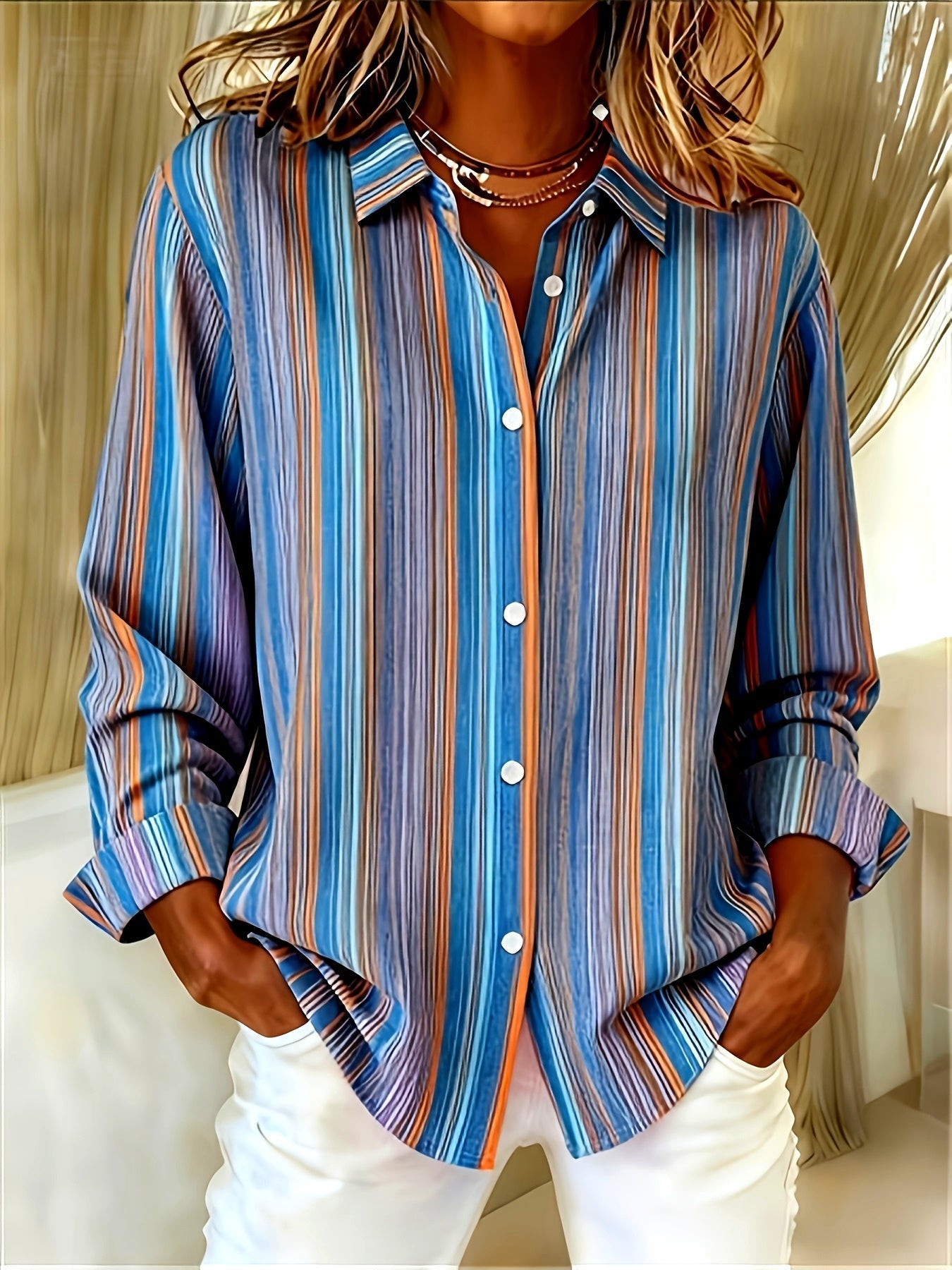 Camisa mujer rayas manga larga – blusa casual elegante ligera