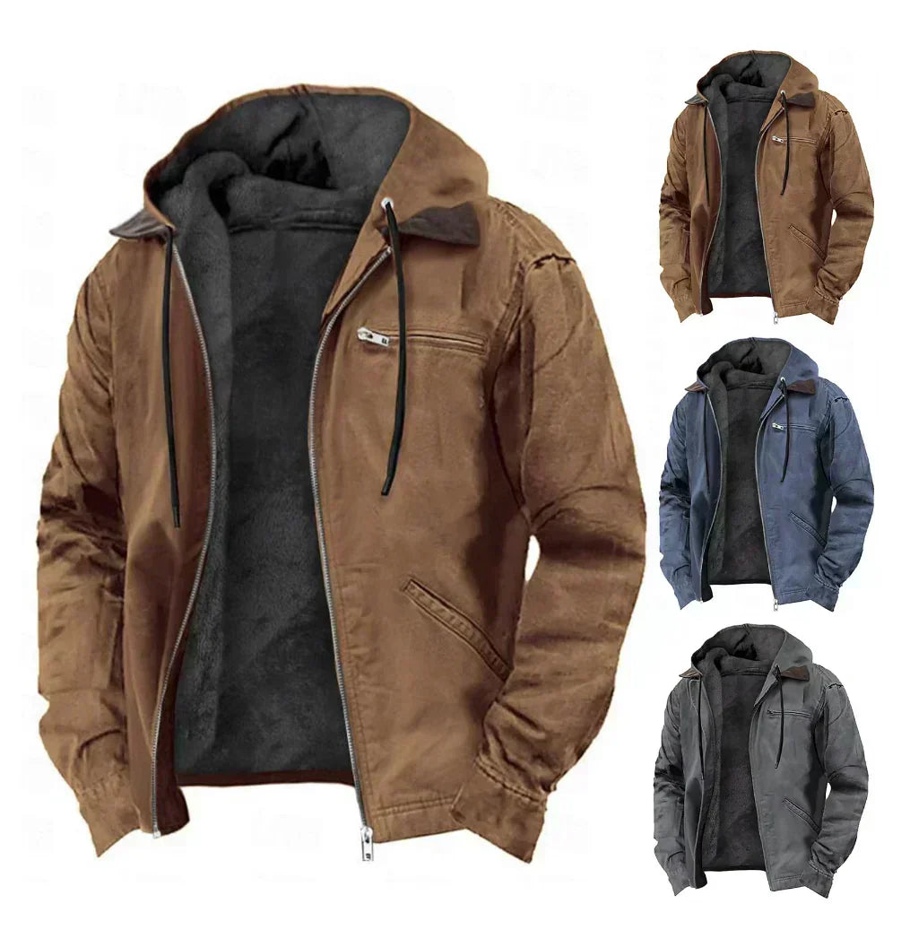 Chaqueta para hombre con capucha, forro cálido y cremallera