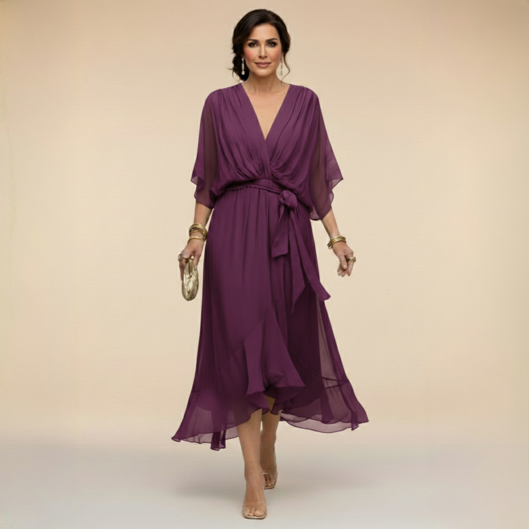 Vestido chiffon mujer escote V fluido – elegante y ligero