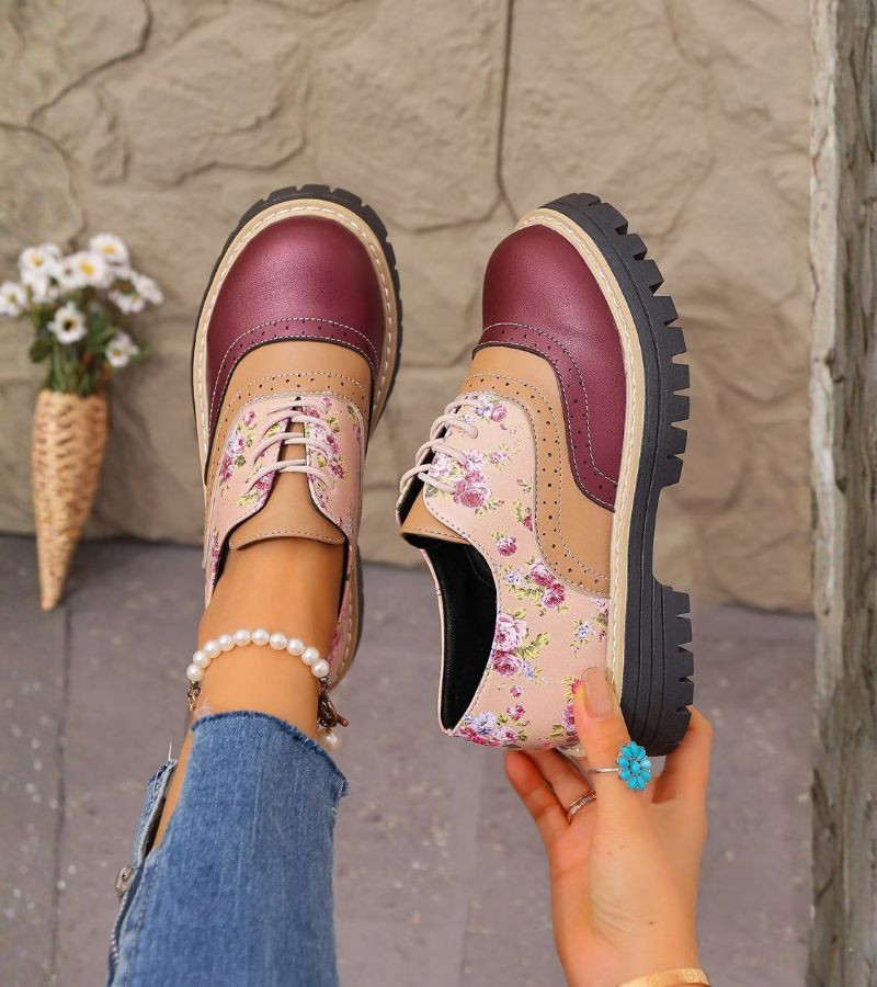 Zapatos Oxford de mujer con estampado floral y suela gruesa