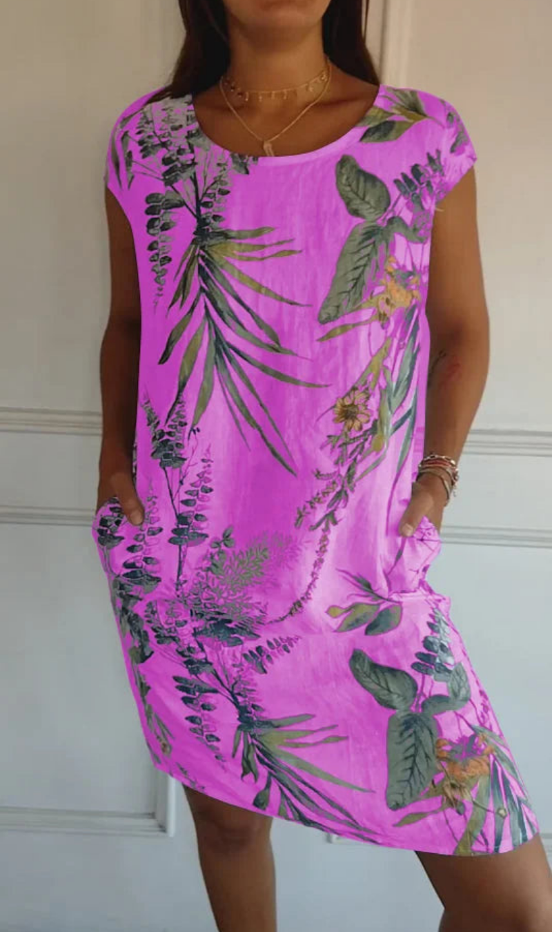 Vestido mujer fluido con estampado vegetal y bolsillos