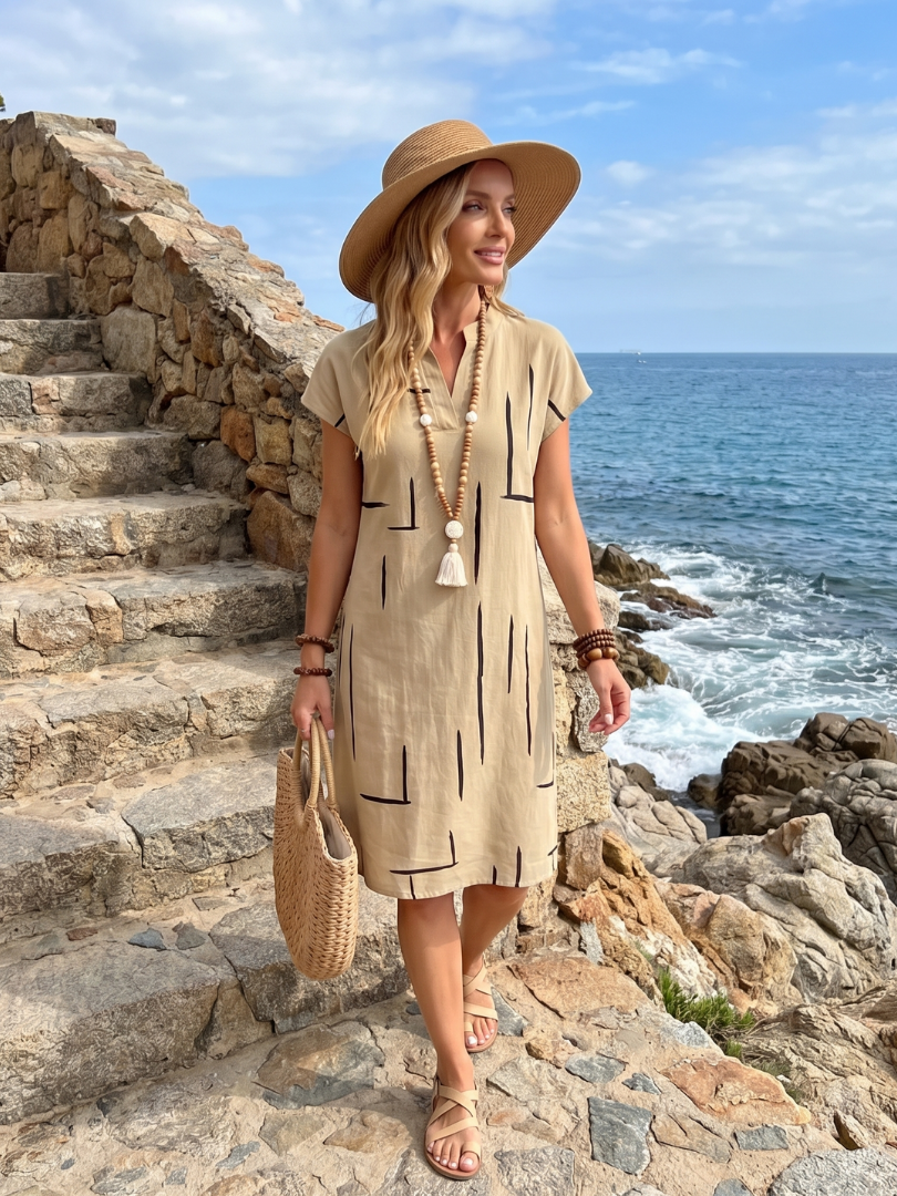 Vestido midi mujer algodón lino estampado geométrico escote V casual verano