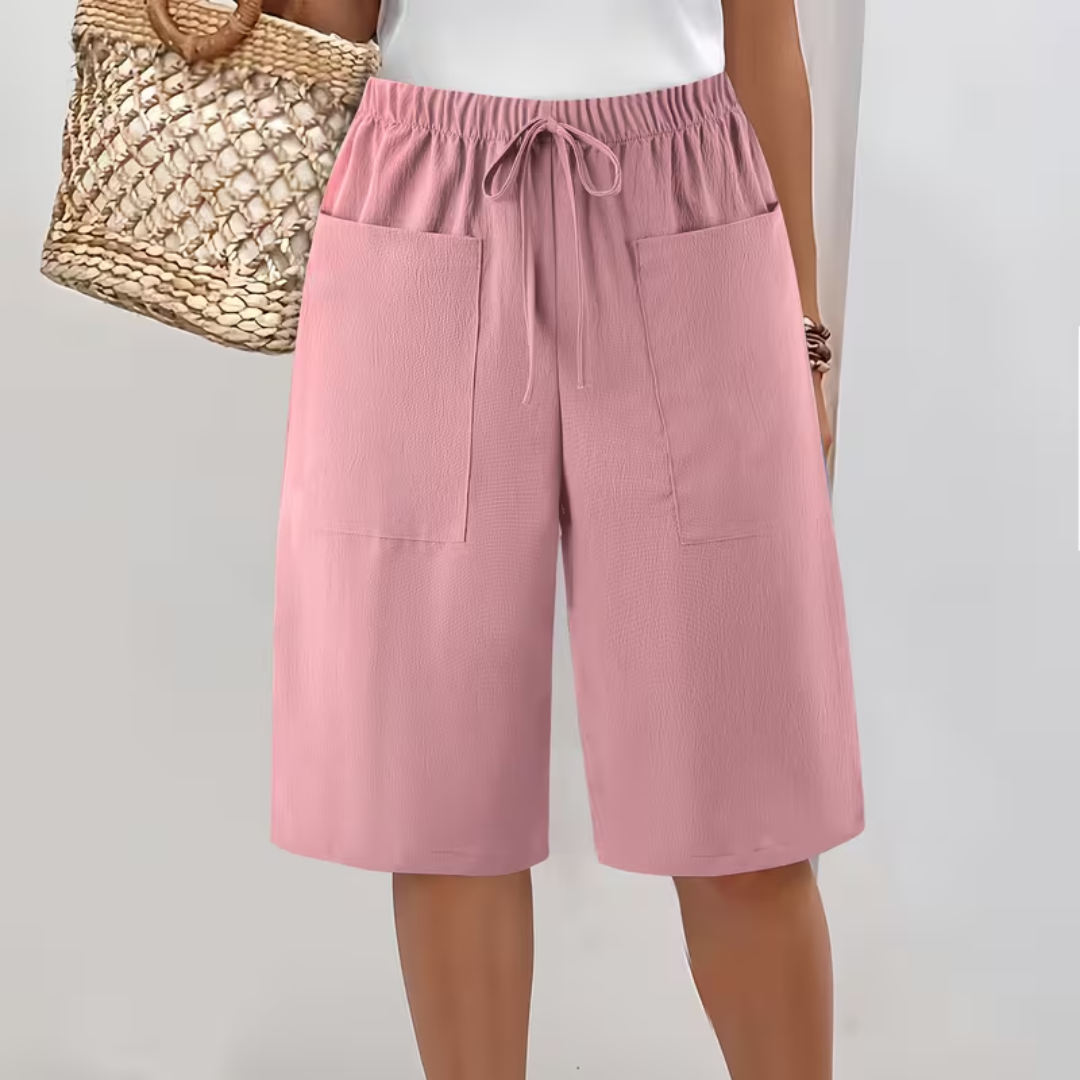 Pantalón corto largo mujer con bolsillos y cordón ajustable