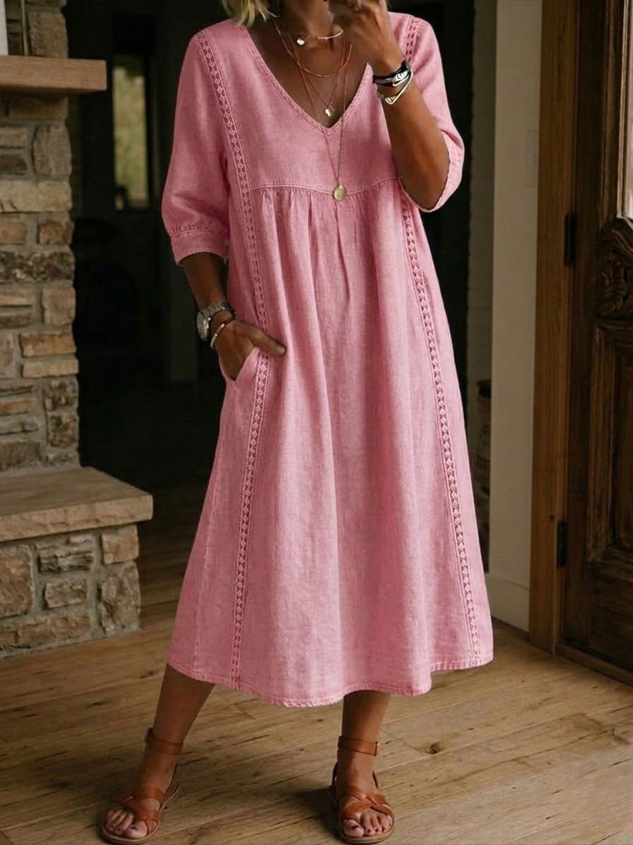 Vestido mujer patchwork algodón lino con encaje para verano