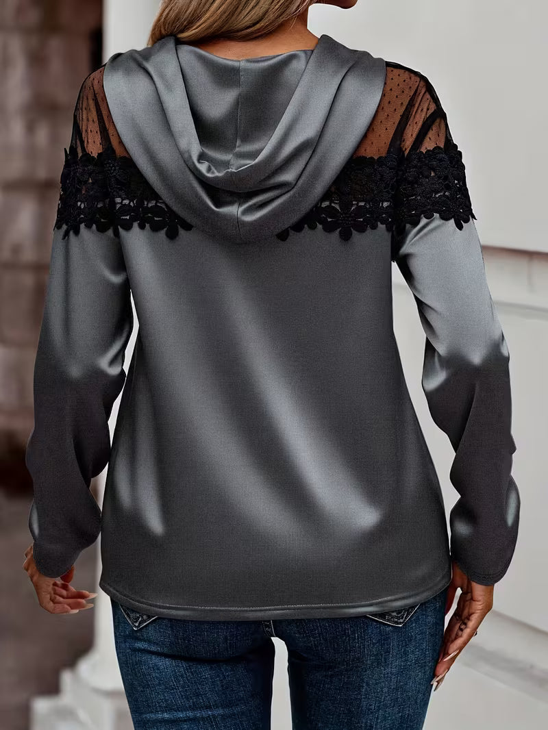 Sudadera elegante de mujer con encaje y capucha de manga larga