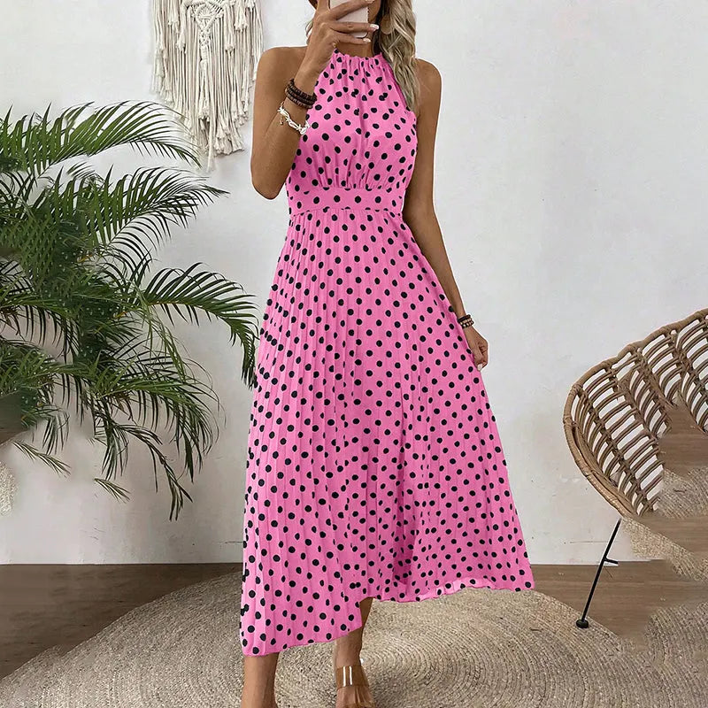 Vestido maxi de mujer con lunares y cuello halter