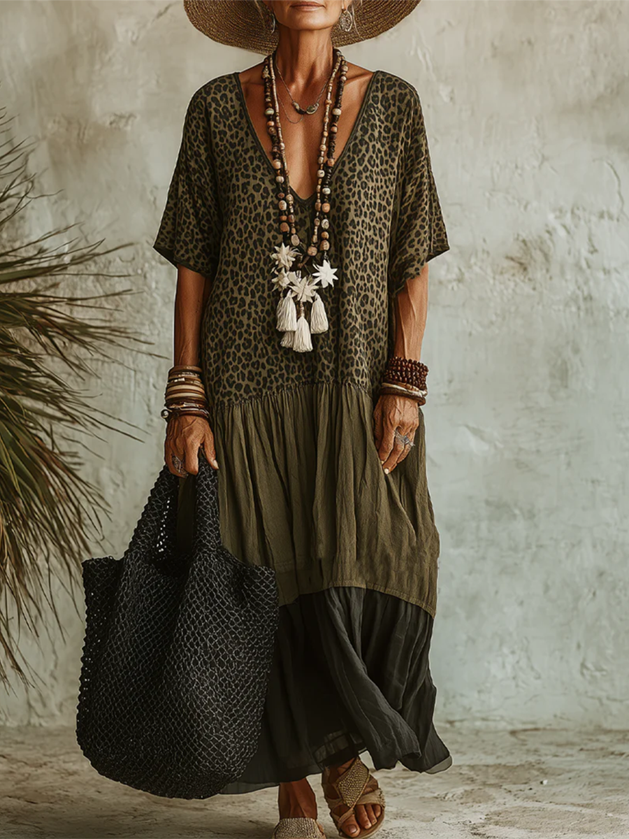 Vestido midi bohemio con estampado leopardo elegante