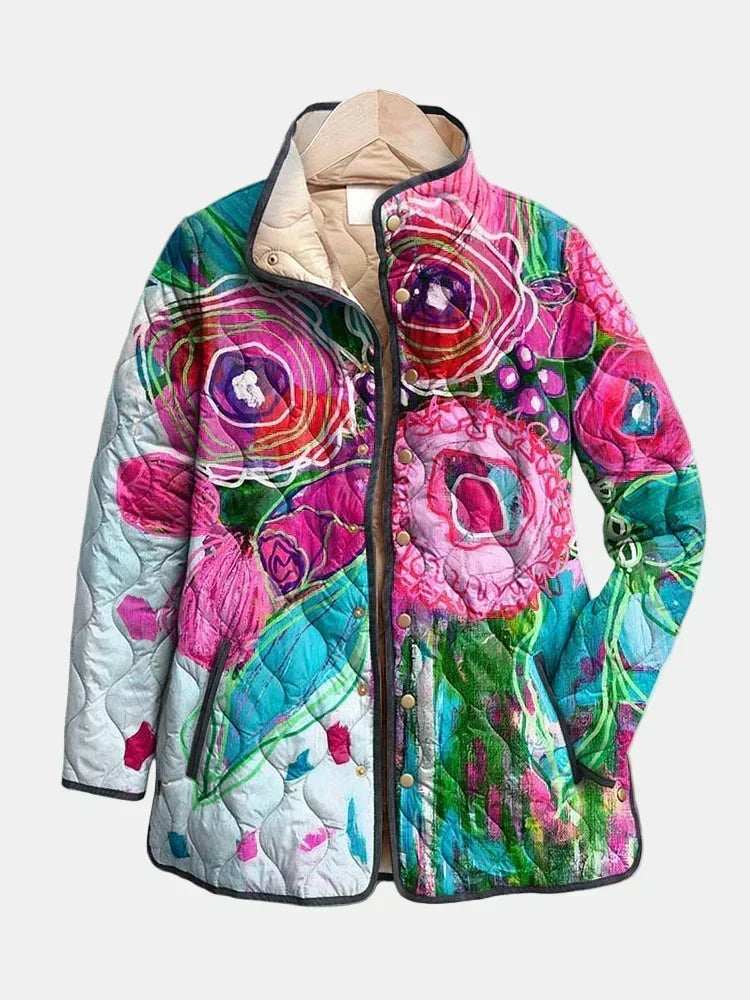 Chaqueta acolchada de mujer con estampado floral y corte recto