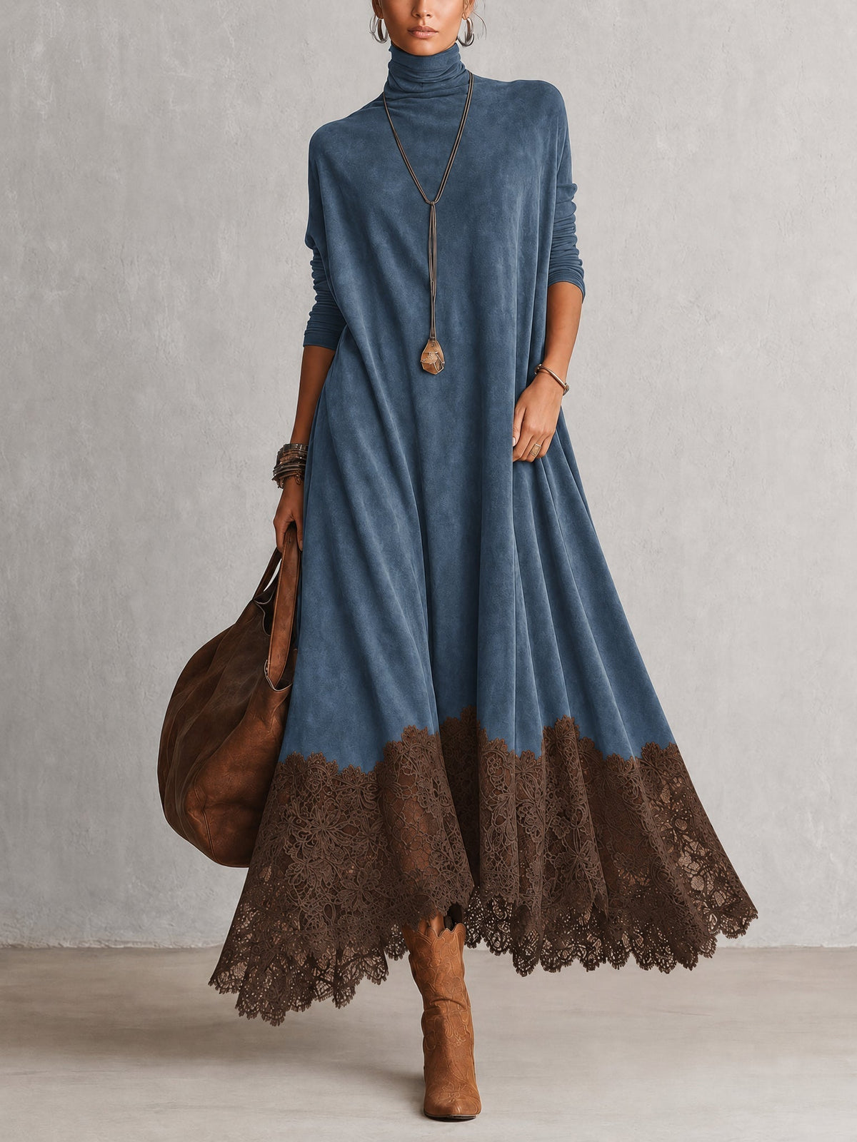 Vestido largo para mujer con cuello alto y bajo de encaje floral