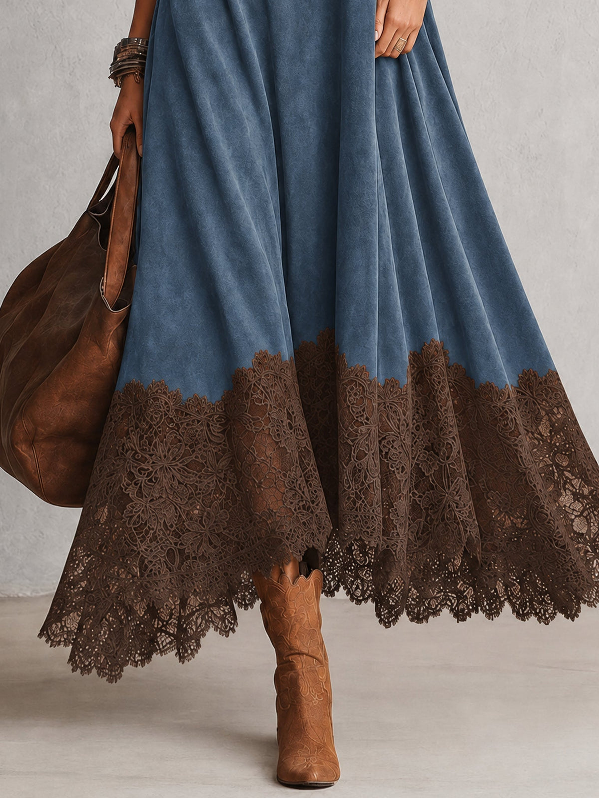 Vestido largo para mujer con cuello alto y bajo de encaje floral