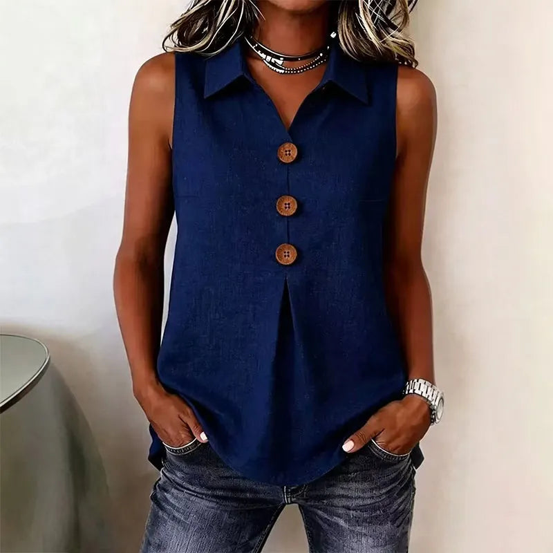 Camisa sin mangas mujer con cuello solapa y botones decorativos