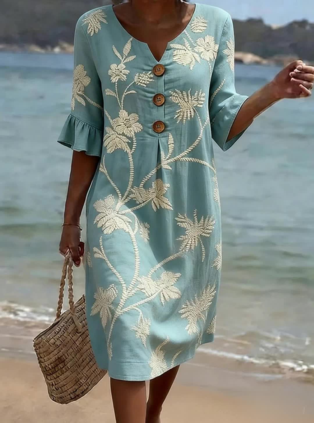 Vestido mujer algodón floral con botones y mangas 3/4
