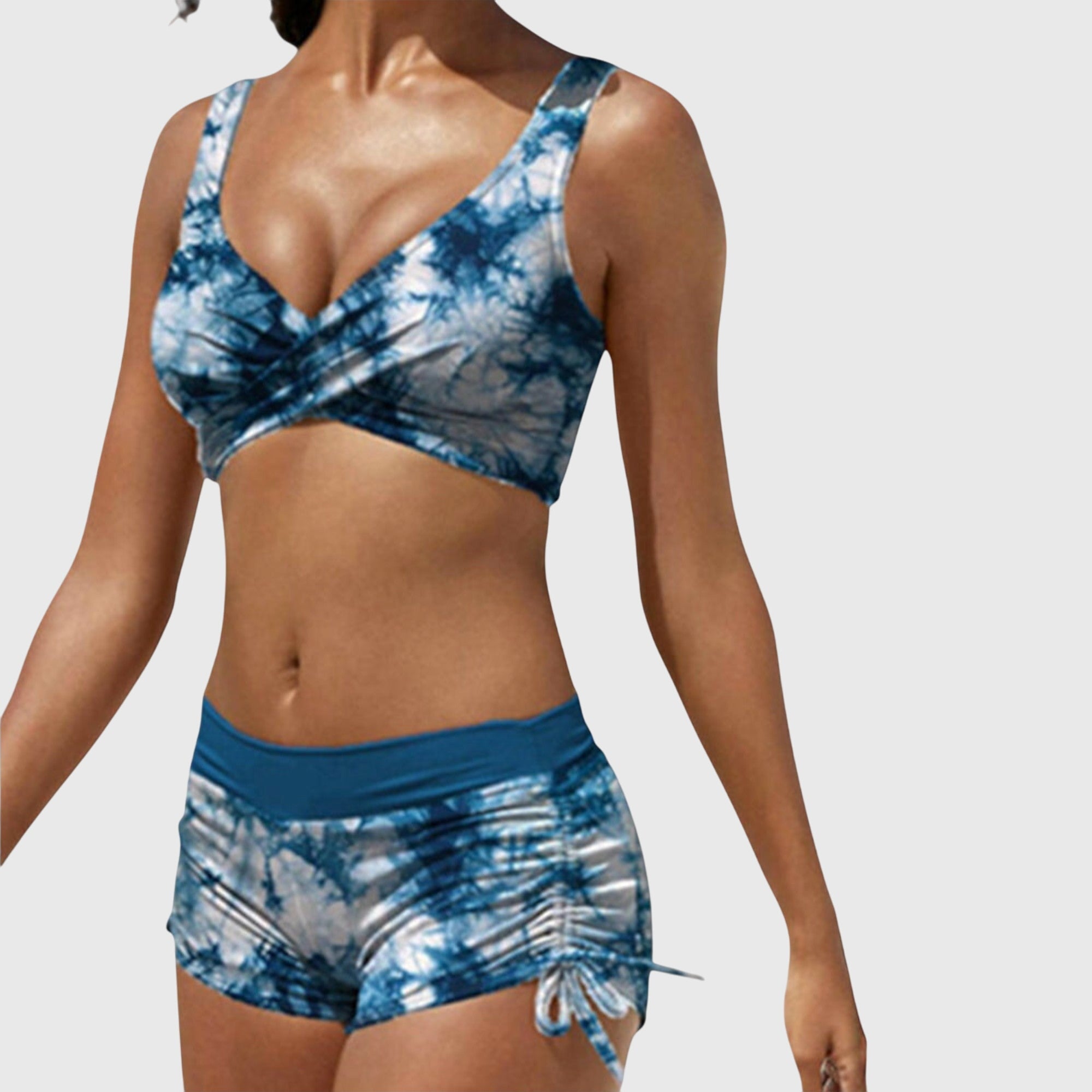 Bikini mujer dos piezas estampado camuflaje top cruzado shorts fruncidos playa