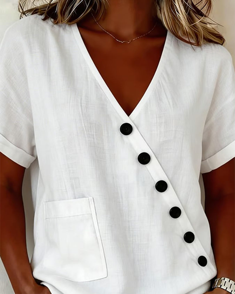 Top Mujer Algodón Lino con Botones Diagonales – Estilo Moderno y Cómodo