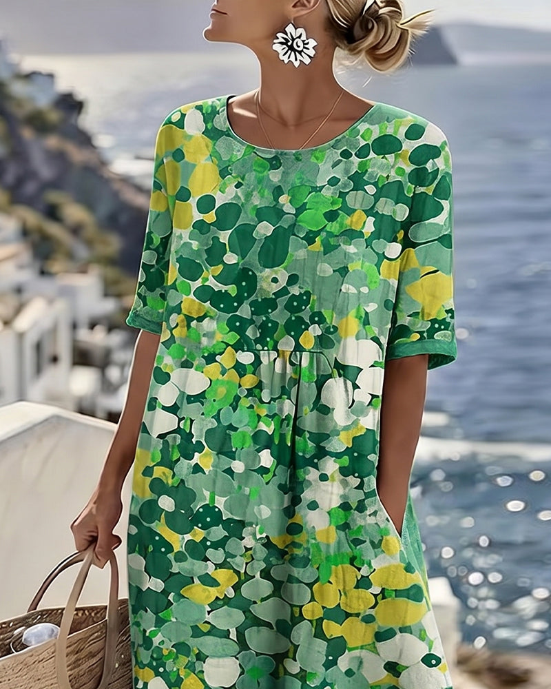 Vestido midi mujer algodón lino estampado flores abstractas bolsillos verano