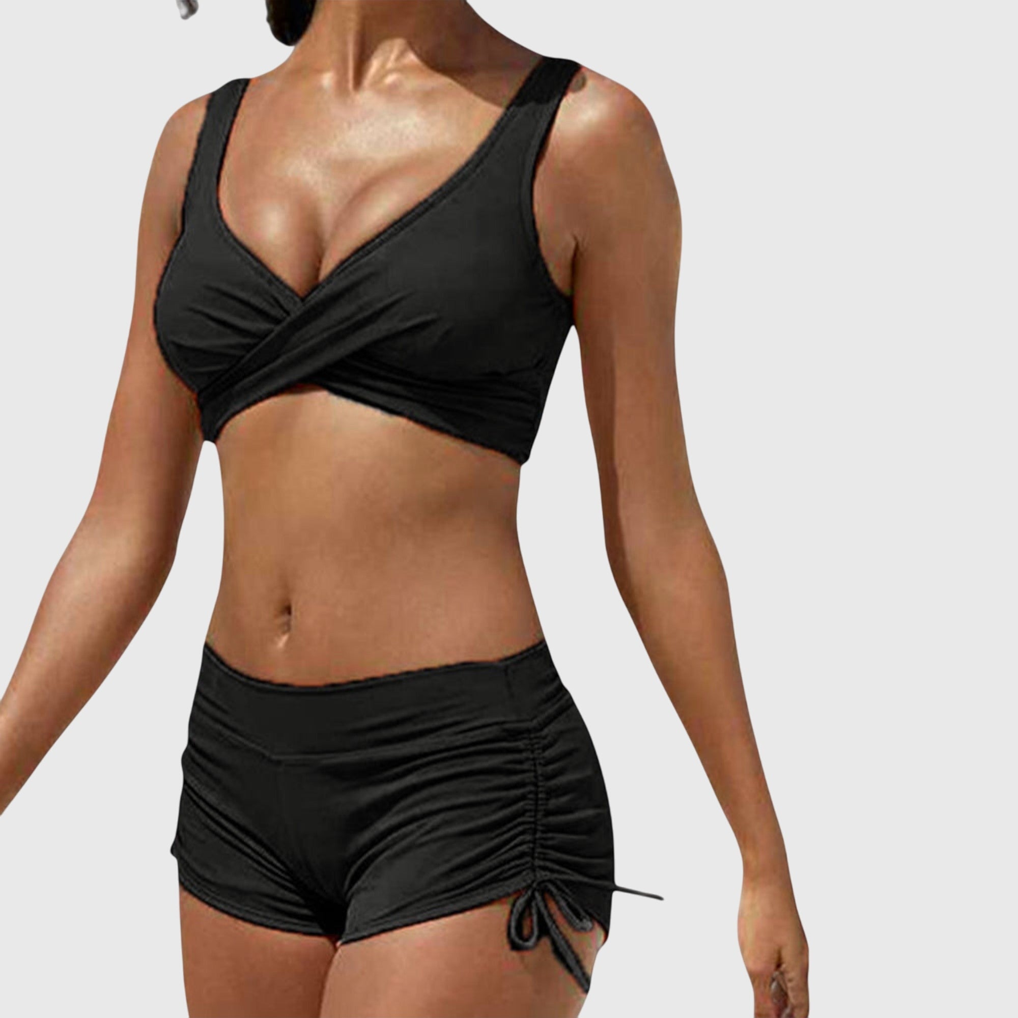 Bikini mujer dos piezas estampado camuflaje top cruzado shorts fruncidos playa