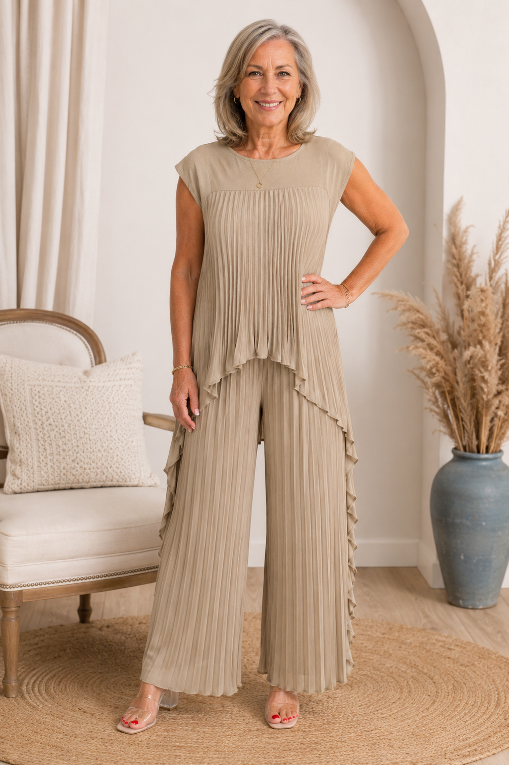 Conjunto de mujer plisado con pantalón ancho