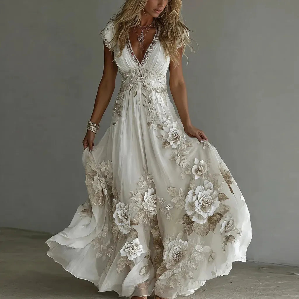 Vestido largo de mujer en chiffon con encaje bordado
