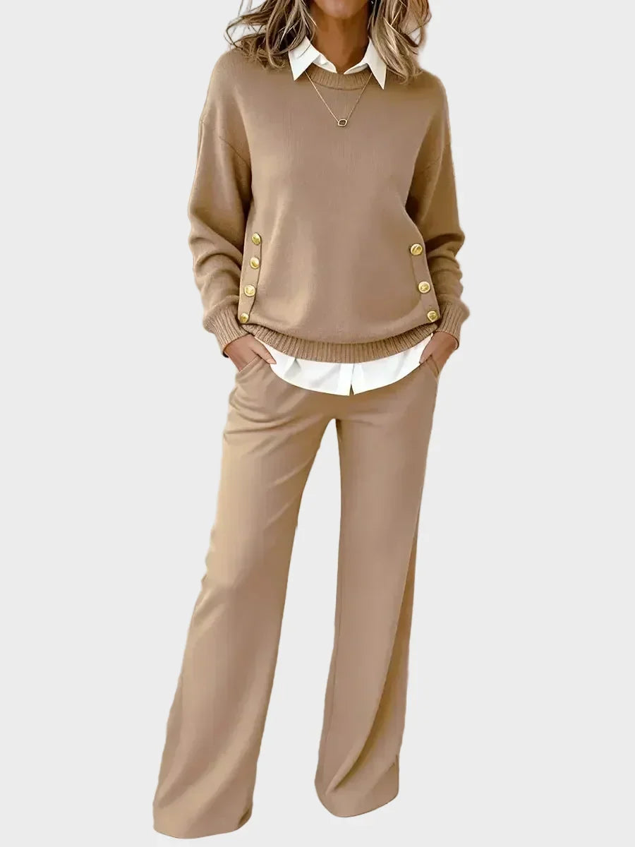 Conjunto de punto para mujer con suéter de botones y pantalón ancho