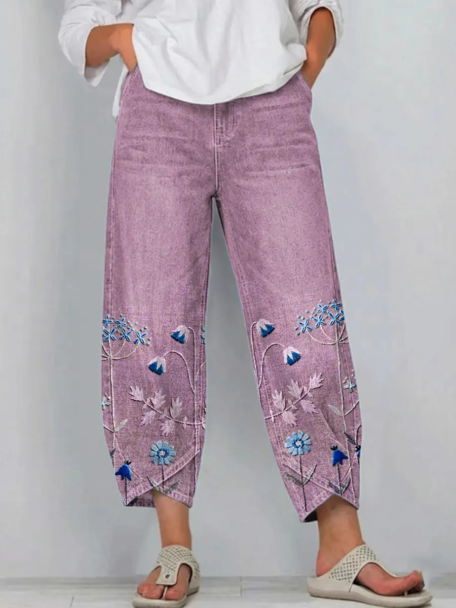 Pantalón mujer denim algodón bordado floral bajo pierna corte recto casual boho
