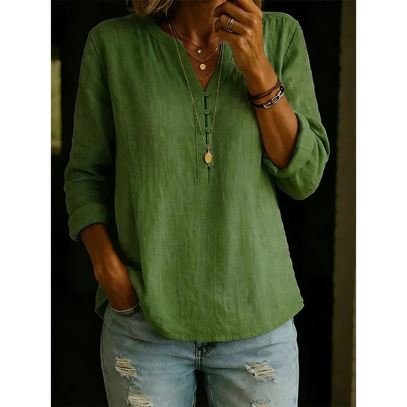 Camisa mujer amplia con cuello en V y botones