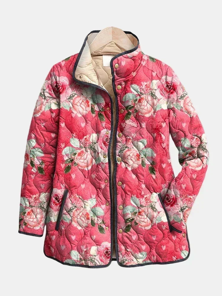 Chaqueta acolchada de mujer con estampado floral y corte recto