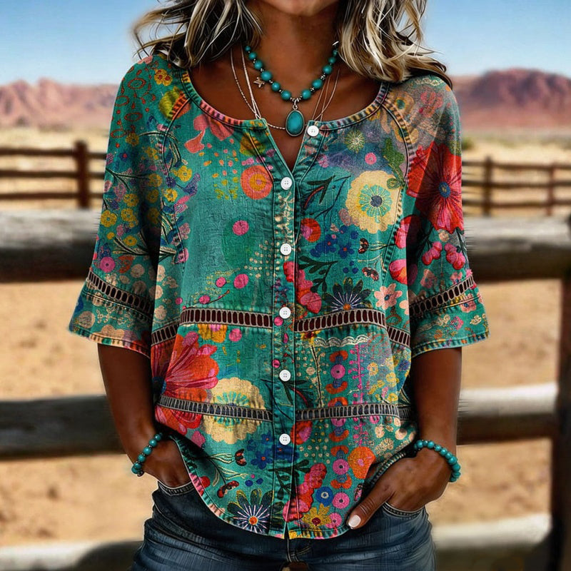 Camisa floral estampada para mujer con botones y mangas 3/4