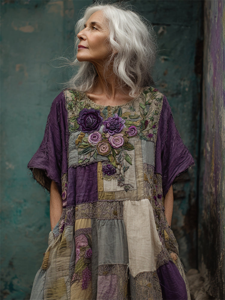 Vestido Patchwork Mujer – Diseño Artístico con Corte Fluido y Detalles Florales