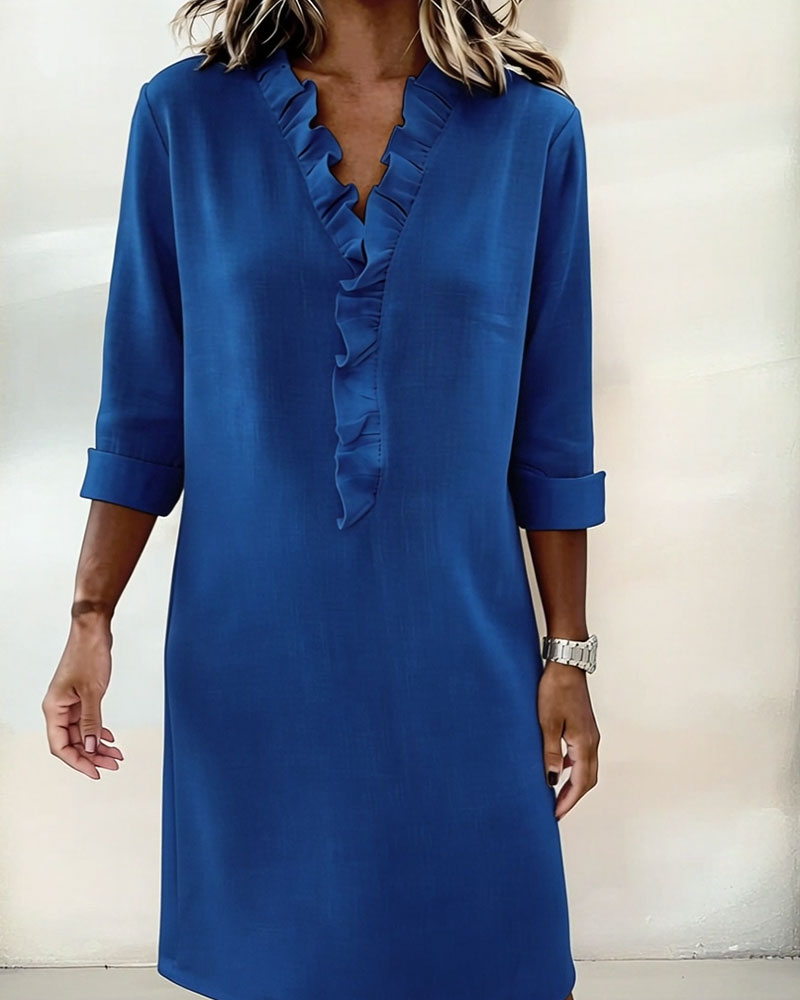 Vestido mujer lino algodón escote V volantes elegante casual