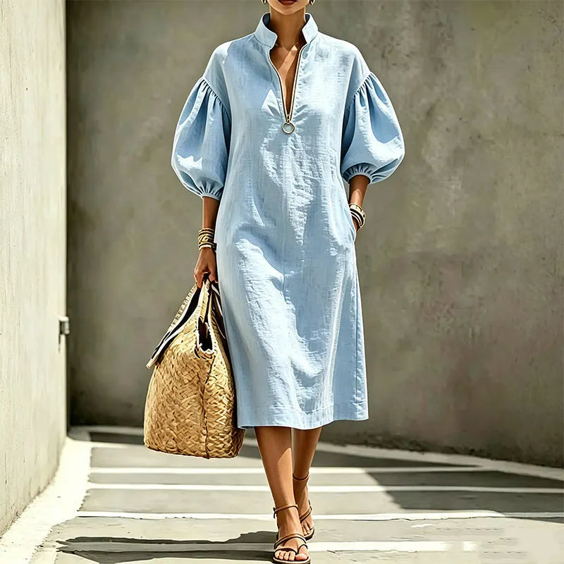 Vestido mujer fluido con mangas abullonadas y cremallera