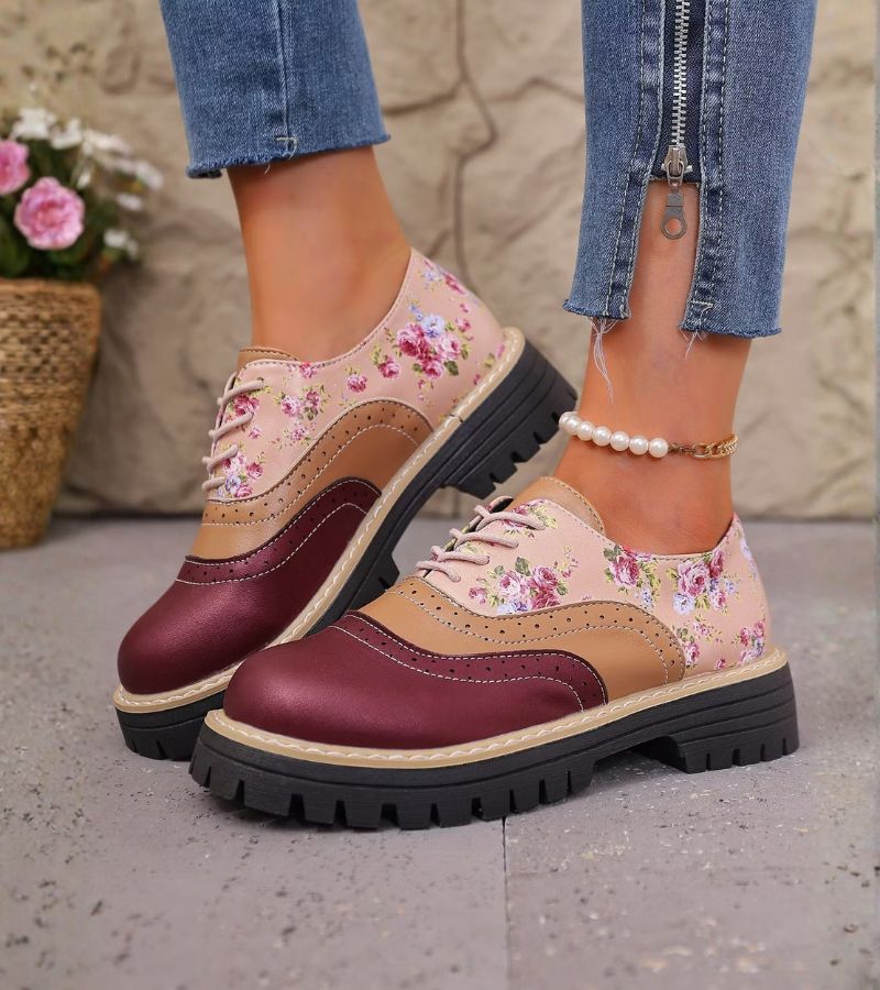 Zapatos Oxford de mujer con estampado floral y suela gruesa