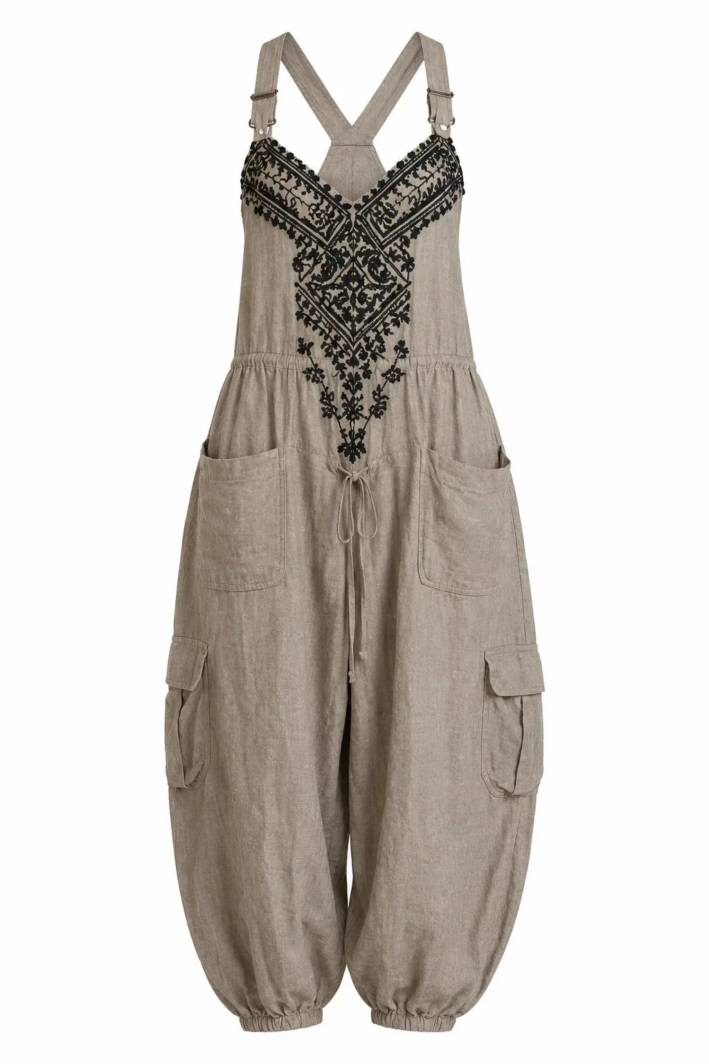 Mono bohemio de mujer bordado con tirantes y bolsillos holgado