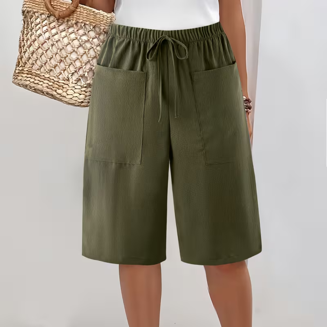 Pantalón corto largo mujer con bolsillos y cordón ajustable