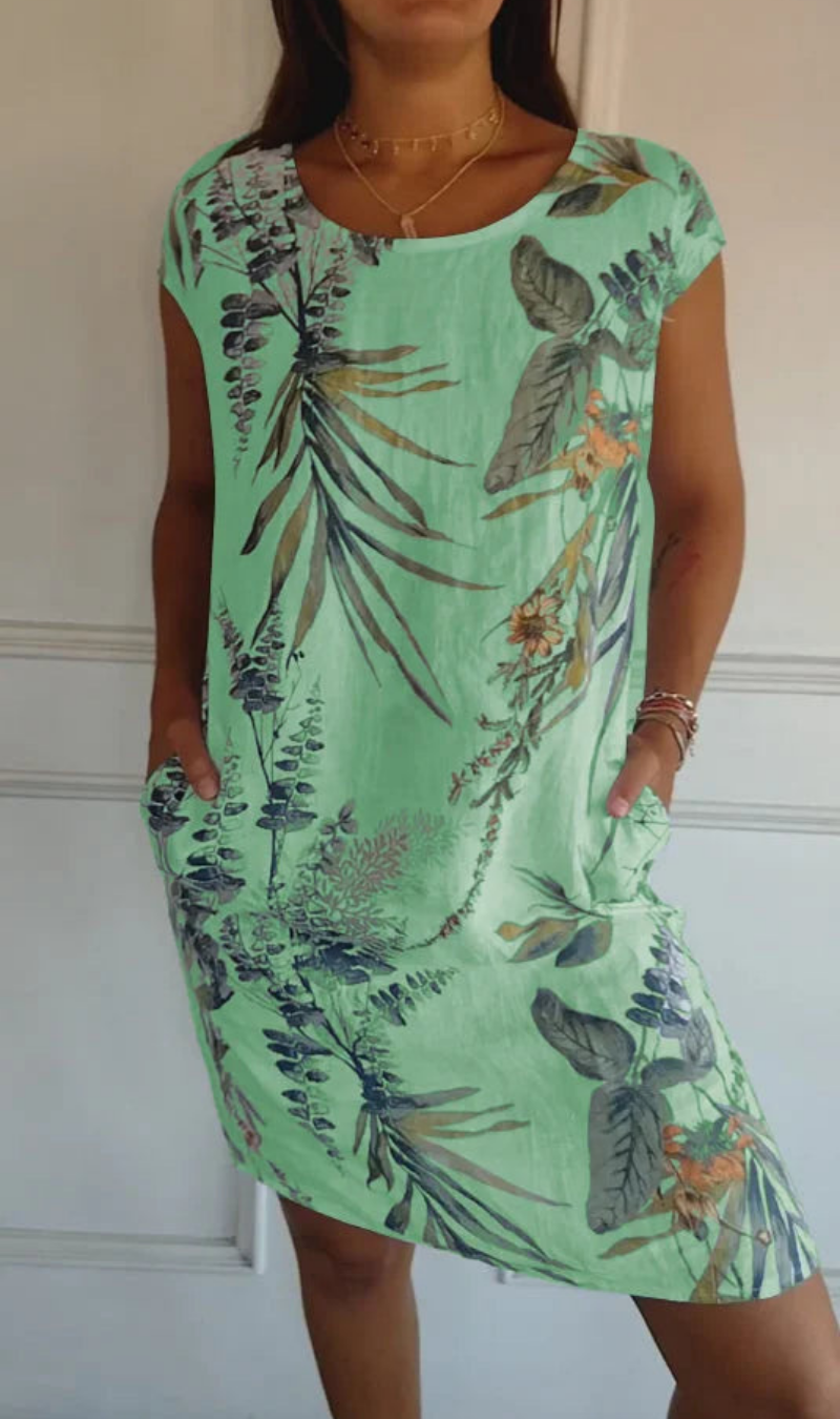 Vestido mujer fluido con estampado vegetal y bolsillos