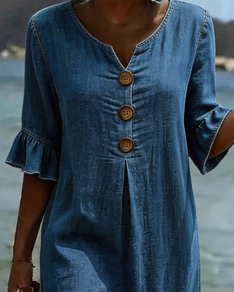Vestido Denim Mujer Verano – Corte Fluido con Mangas Acampanadas