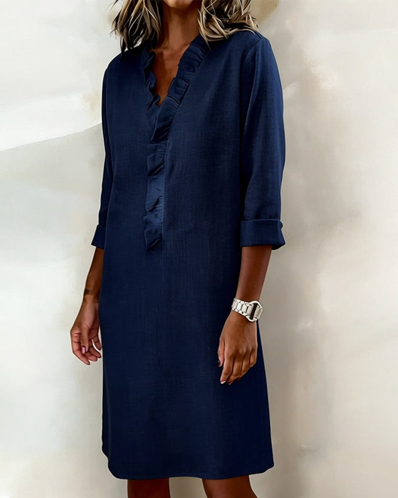Vestido mujer lino algodón escote V volantes elegante casual