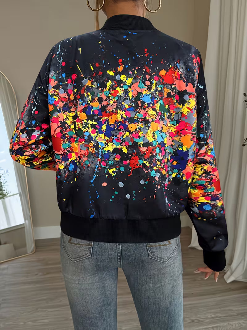Chaqueta bomber de mujer con estampado abstracto y cremallera