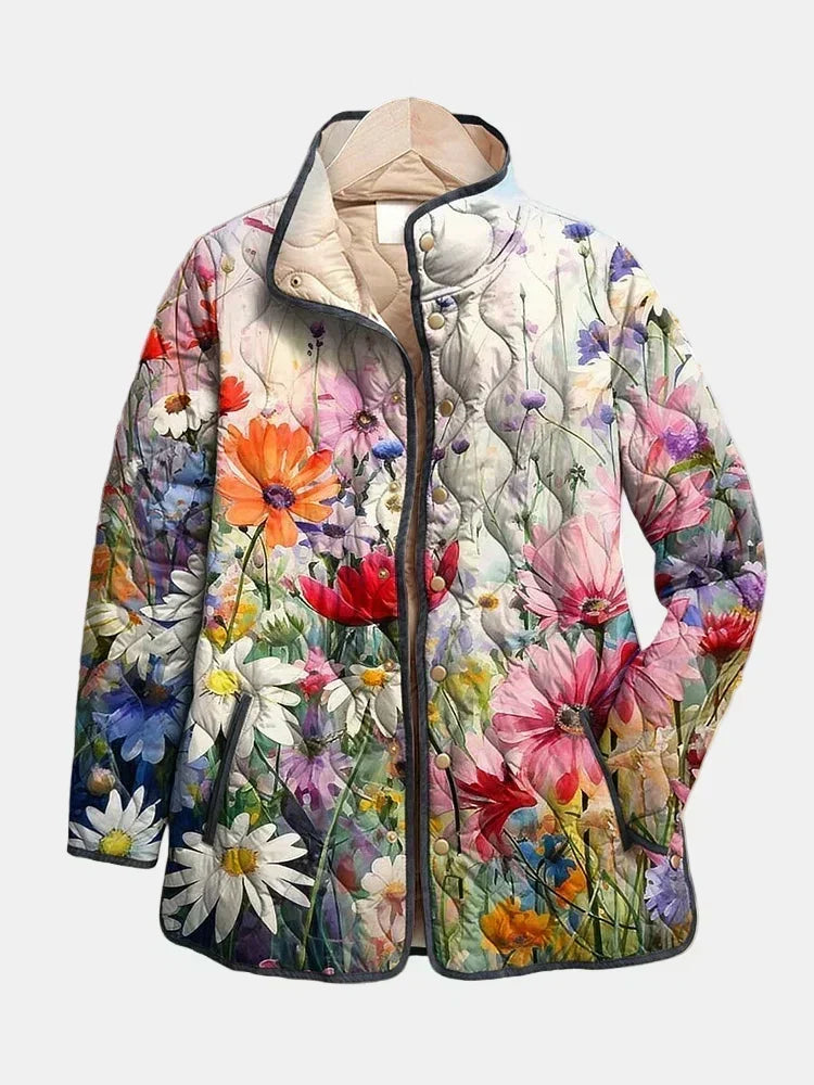 Chaqueta acolchada de mujer con estampado floral y corte recto