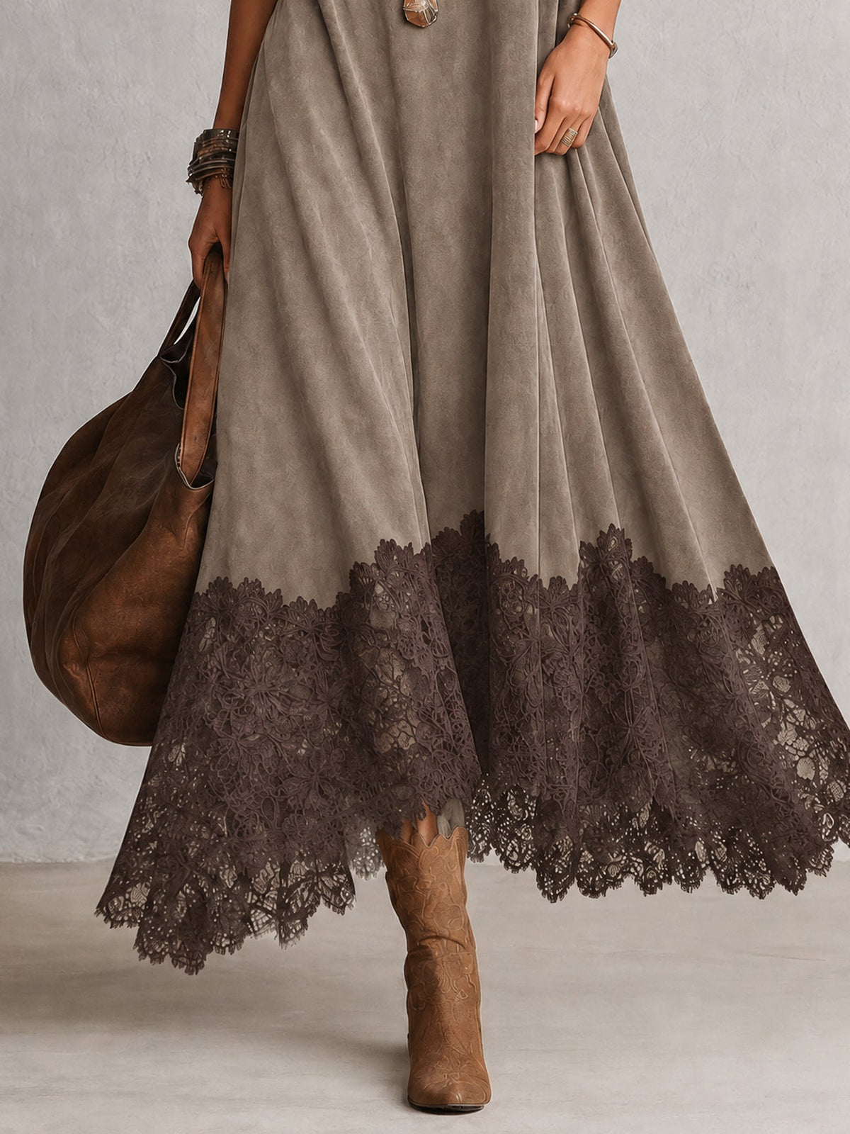 Vestido largo para mujer con cuello alto y bajo de encaje floral
