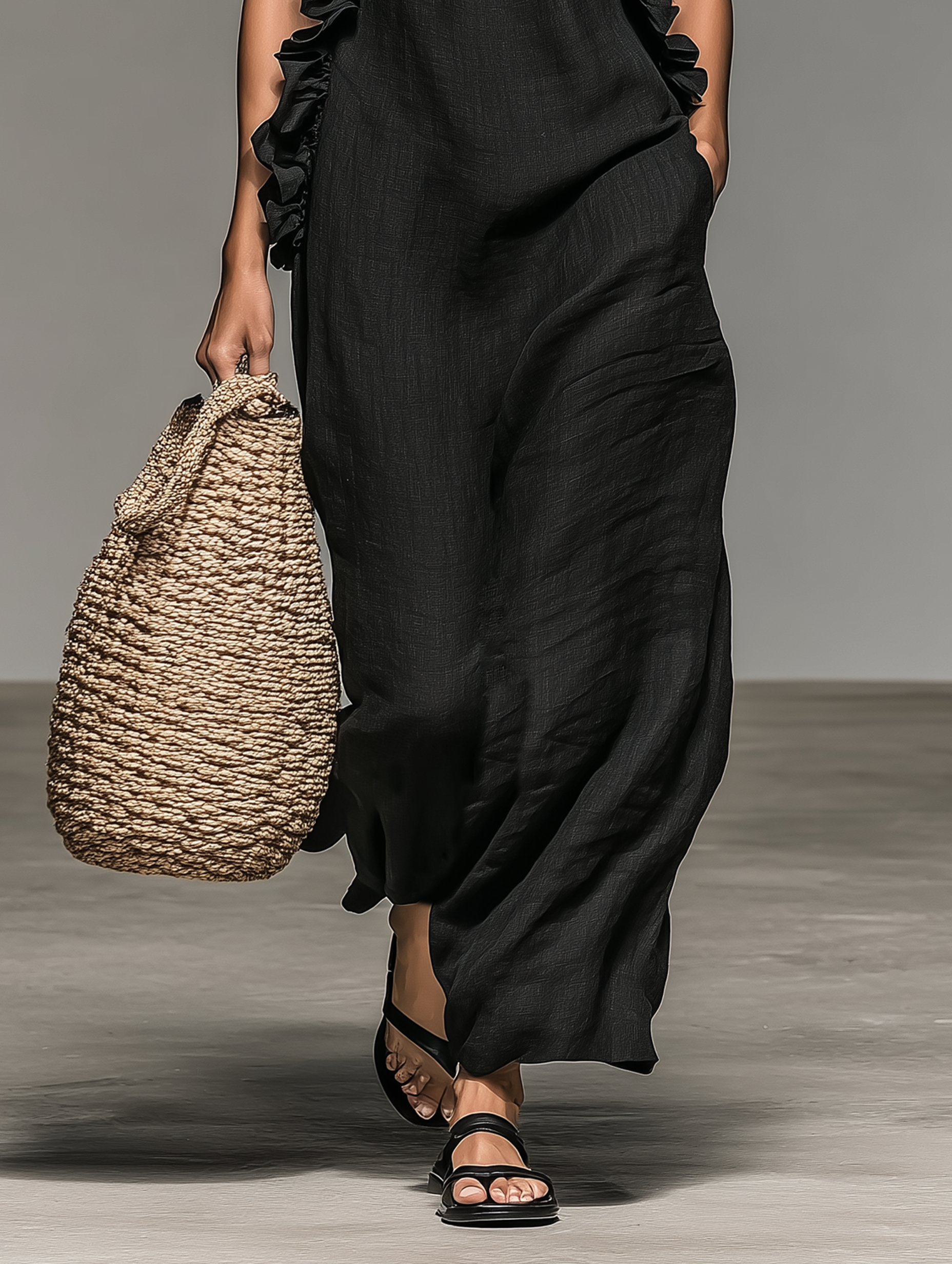 Vestido maxi mujer sin mangas con volantes y bolsillos