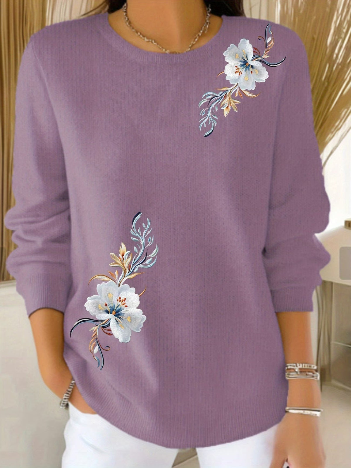 Suéter de mujer con flores estampadas y cuello redondo casual