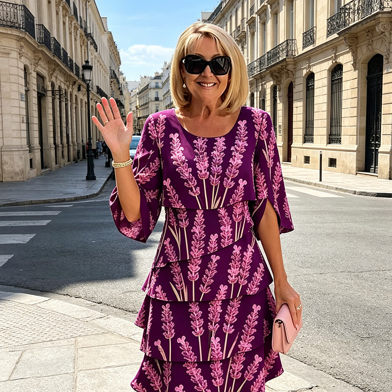 Vestido midi mujer estampado lavanda volantes escalonados mangas abiertas elegante