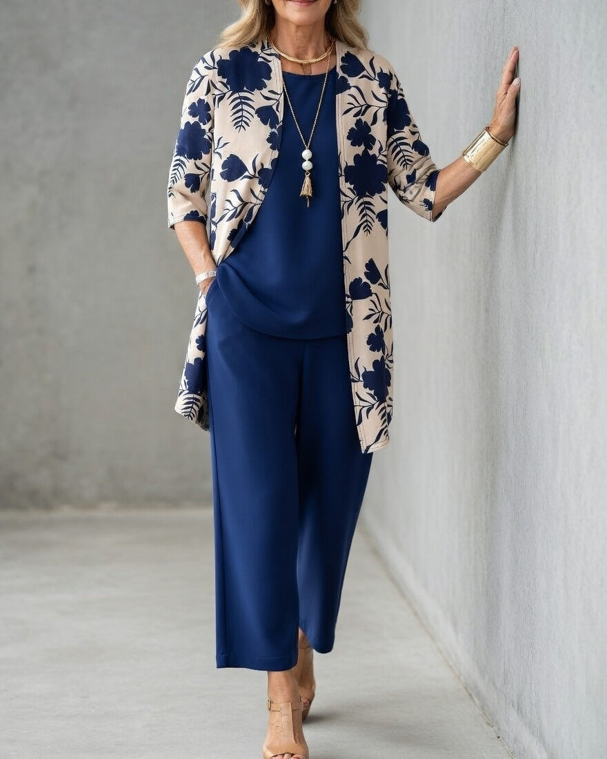 Conjunto mujer 3 piezas elegante – pantalón fluido y chaqueta floral