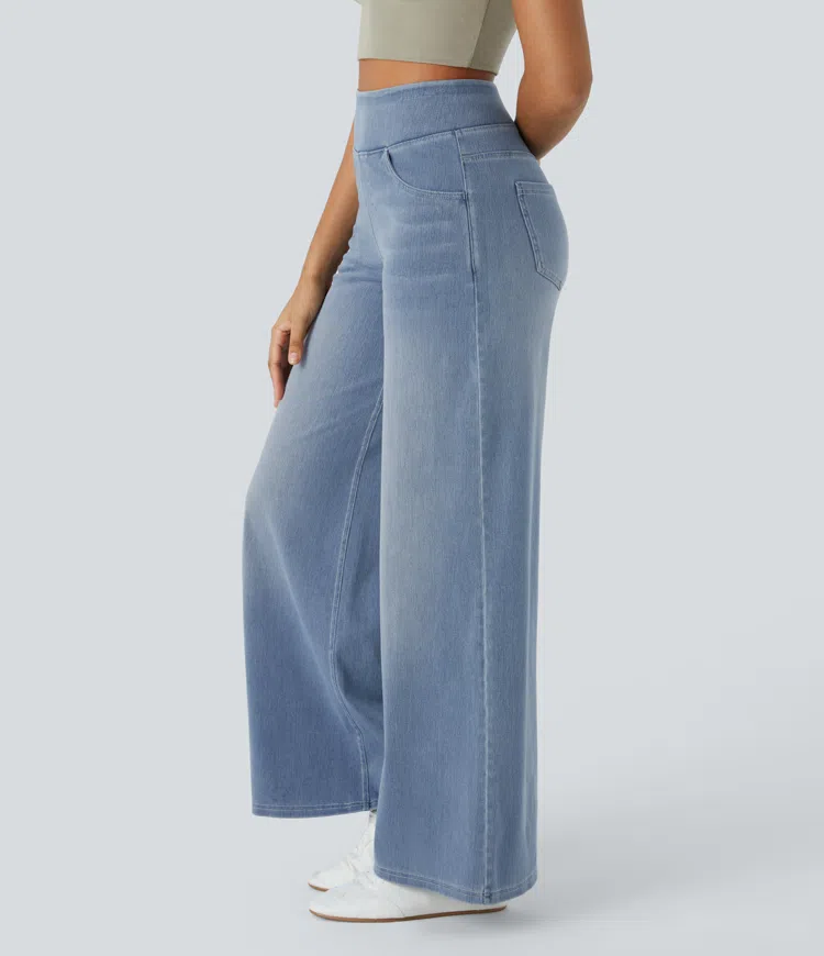 Jean mujer pierna ancha talle alto denim elástico moldeador casual moderno
