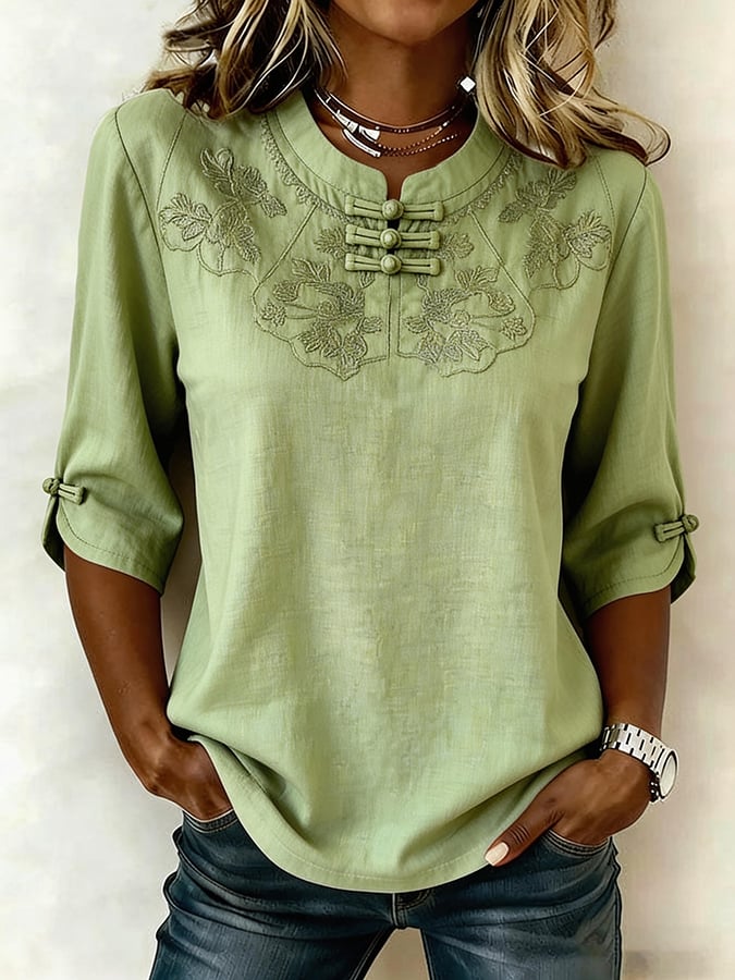 Blusa mujer algodón lino bordado floral – cómoda y elegante