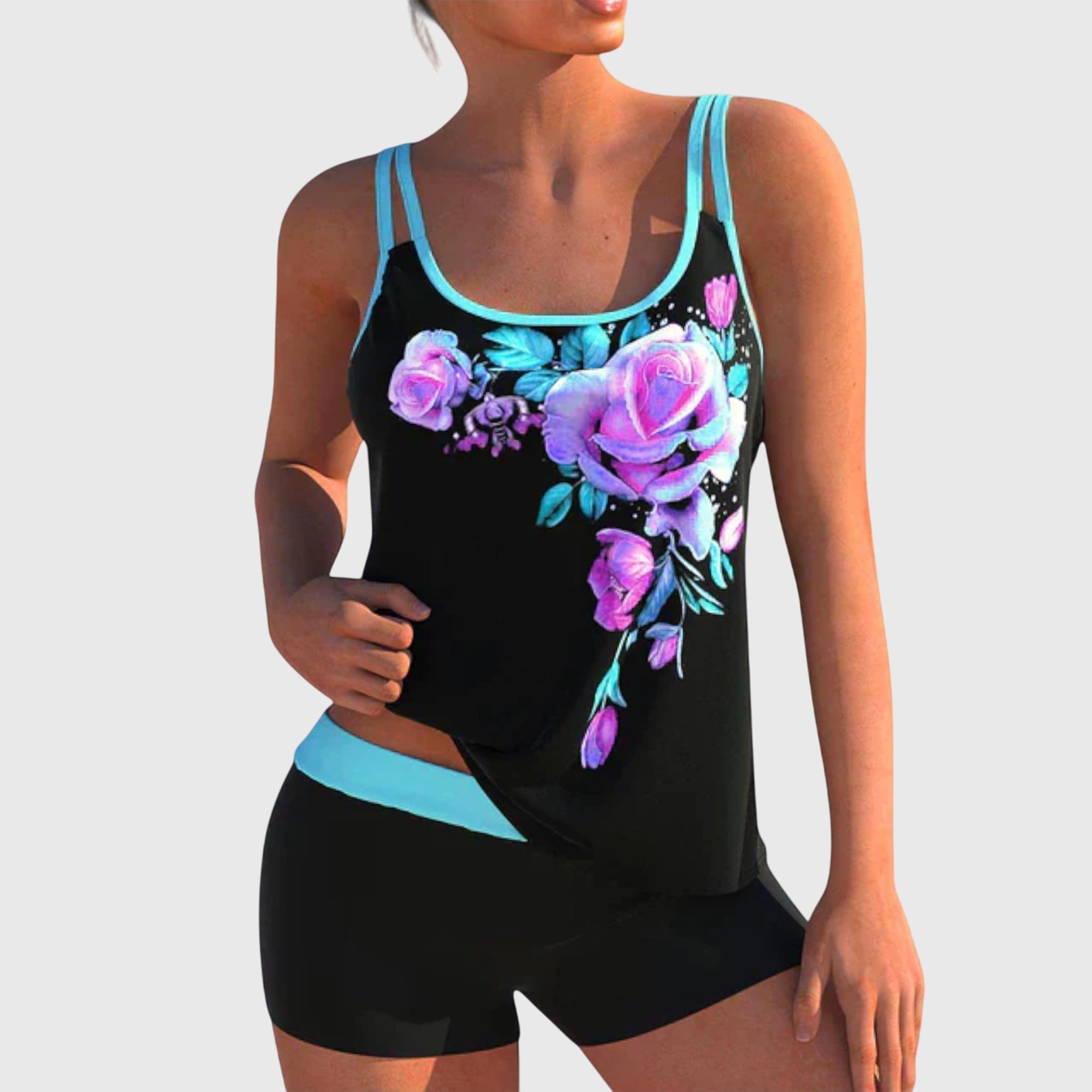 Tankini mujer dos piezas estampado floral rosas top tirantes dobles shorts playa