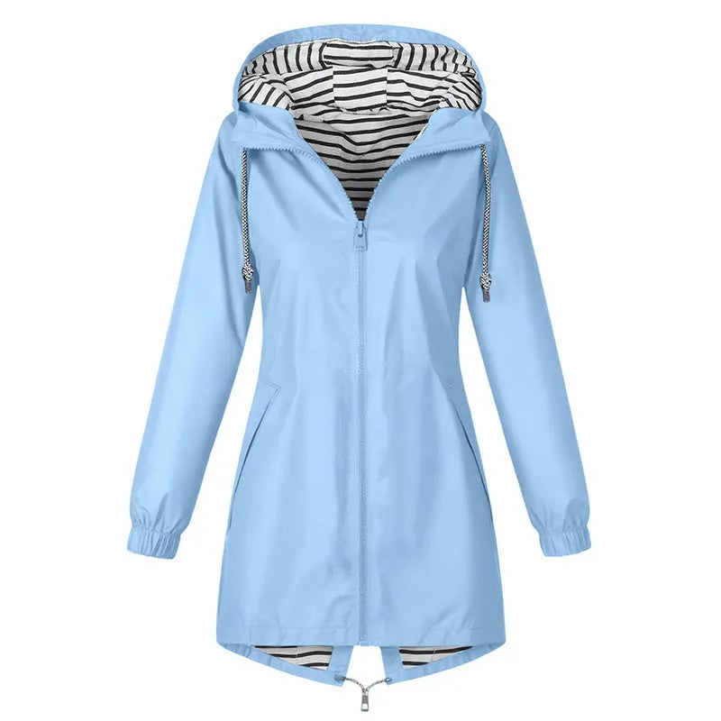 Impermeable largo con capucha y forro a rayas para mujer casual