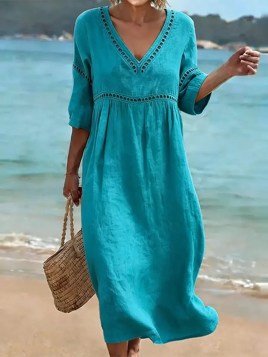 Vestido mujer algodón cuello V fluido – casual verano elegante